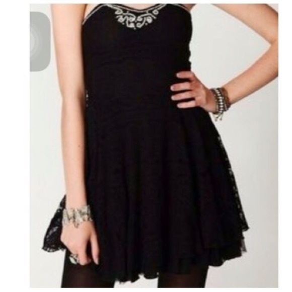 Free People Dresses & Skirts - Free People Black Lace Beaded Fit & Flare Dress M